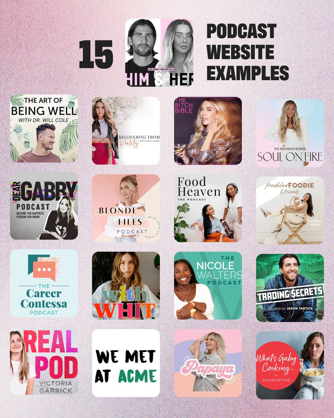 examples of different podcast websites including small photos of each thumbnail